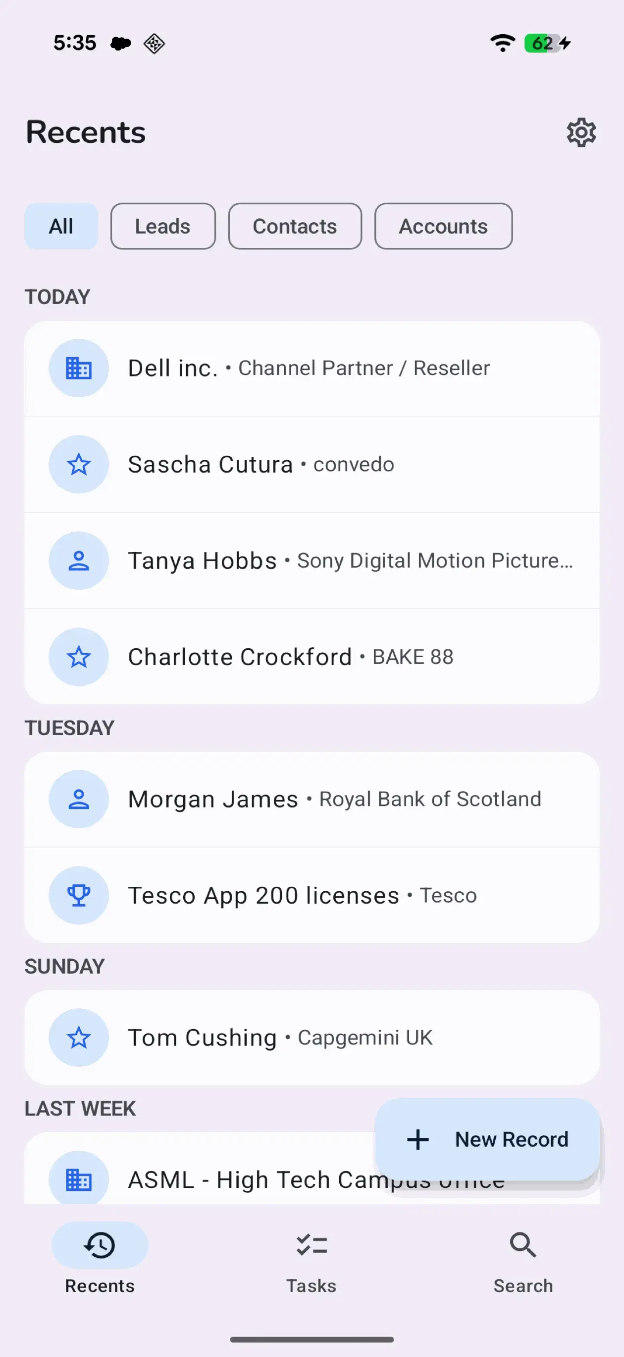 Recent Salesforce records list on Android showing leads and contacts