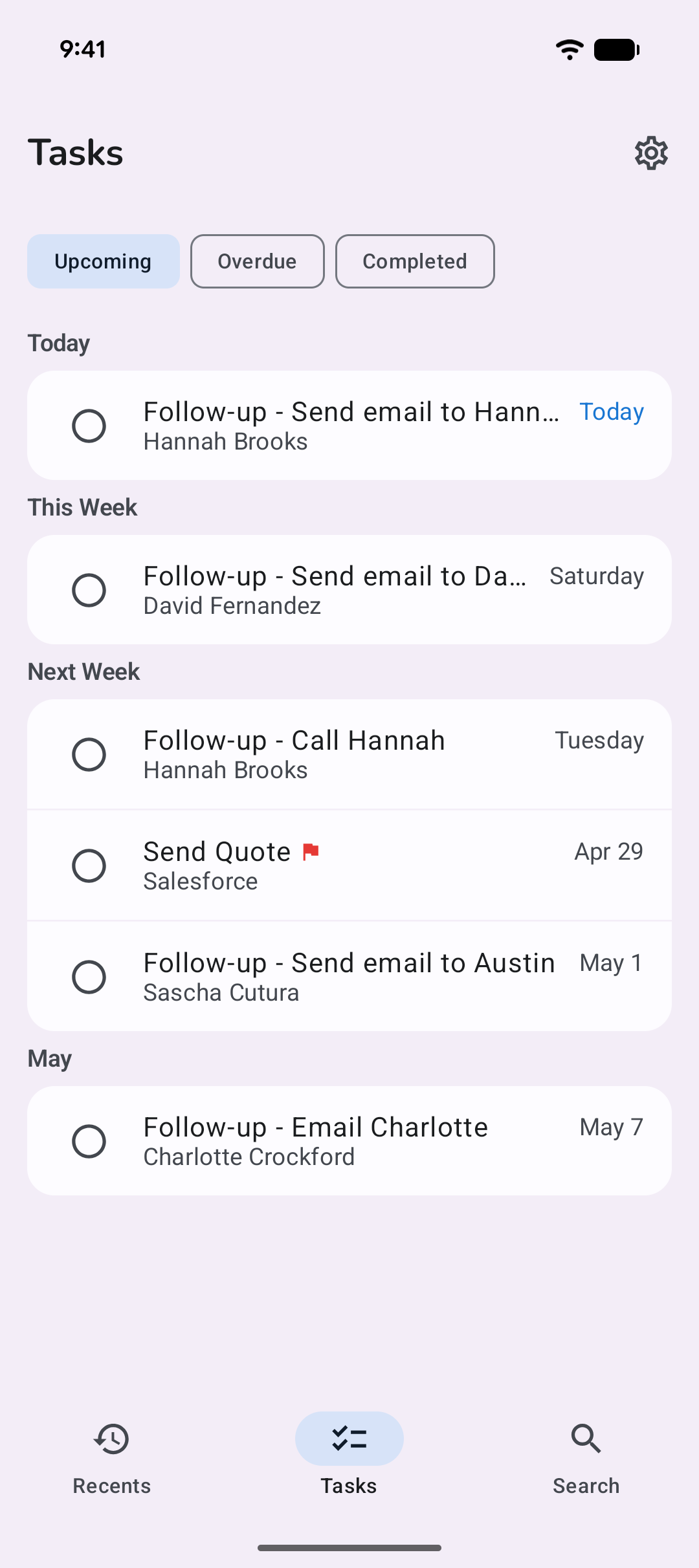 Salesforce tasks and follow-ups organized by date on Android